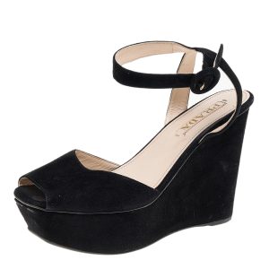 Prada Black Suede Wedge Platform Ankle Strap Sandals Size 37, Sandals - Luxury Closet
