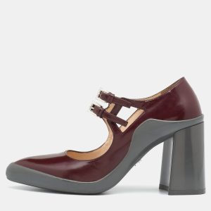 Prada Burgundy Leather Dual Strap Mary Jane Block Heel Pumps Size 37.5, Sandals - Luxury Closet