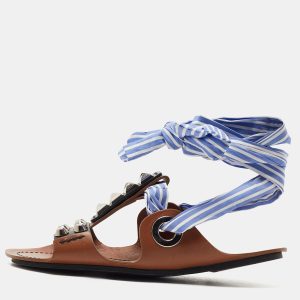 Prada Brown/Blue Leather Studded Ribbon Flat Sandals Size 36, Sandals - Luxury Closet
