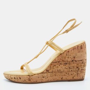 Prada Yellow Leather Ankle Strap Wedge Sandals Size 39, Sandals - Luxury Closet