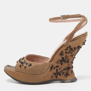 Prada Brown Nubuck Leather Embellished Wedge Ankle Strap Sandals Size 37.5, Sandals - Luxury Closet