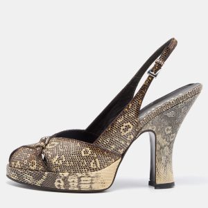 Prada Beige/Black Lizard Ankle Strap Peep Toe Sandals Size 40, Sandals - Luxury Closet