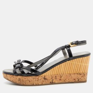 Prada Black Patent Leather Strappy Bow Platform Wedge Sandals Size 36, Sandals - Luxury Closet