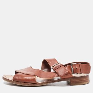 Prada Brown Leather Flat Strappy Sandals Size 38.5, Sandals - Luxury Closet