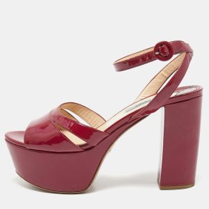 Prada Burgundy Patent Leather Ankle Strap Platform Sandals Size 39.5, Sandals - Luxury Closet