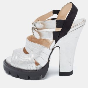 Prada Silver/Black Leather and Satin Double Ankle Strap Sandals Size 38, Sandals - Luxury Closet