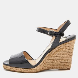 Prada Black Patent Leather Espadrille Wedge Ankle Strap Sandals Size 37.5, Sandals - Luxury Closet