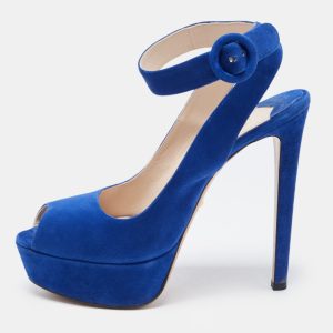 Prada Blue Suede Peep Toe Platform Ankle Strap Sandals Size 39, Sandals - Luxury Closet