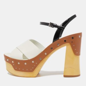 Prada White/Black Leather Studded Platform Block Heel Ankle Strap Sandals Size 40, Sandals - Luxury Closet