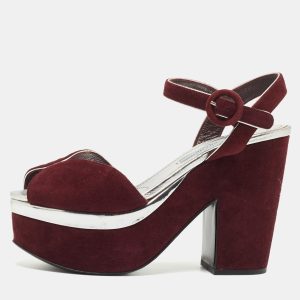 Prada Burgundy Suede Platform Block Heels Ankle Strap Sandals Size 36, Sandals - Luxury Closet