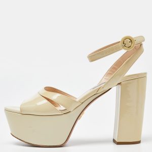 Prada Beige Patent Leather Platform Ankle Strap Sandals Size 37.5, Sandals - Luxury Closet