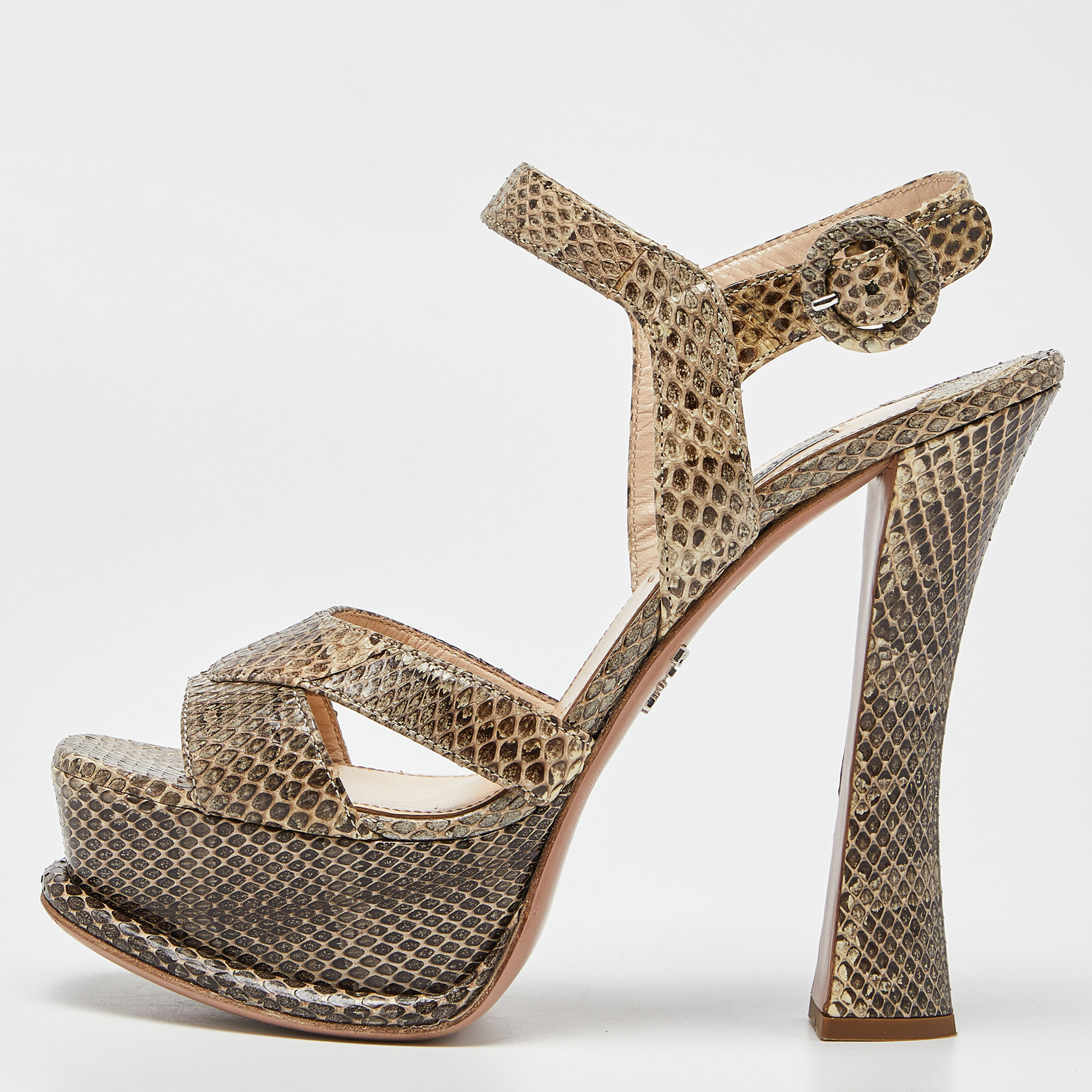 Prada Two Tone Watersnake Platform Ankle Strap Sandals Size 37.5, Sandals - Luxury Closet