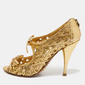 Prada Gold Leather Bow Open Toe Caged Sandals Size 38.5, Sandals - Luxury Closet