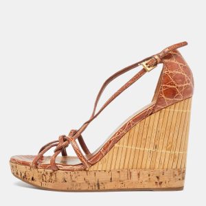 Prada Brown Alligator Bamboo Element Wedge Sandals Size 37.5, Sandals - Luxury Closet