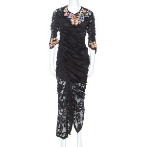 Preen Black Stretch Lace Embellished Detail Ruched Georgia Dress L, Dresses - Luxury Closet