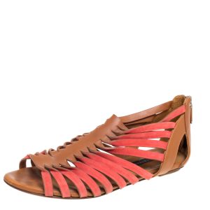 Ralph Lauren Collection Tan/Red Leather and Suede Flat Gladiator Sandals Size 40, Sandals - Luxury Closet