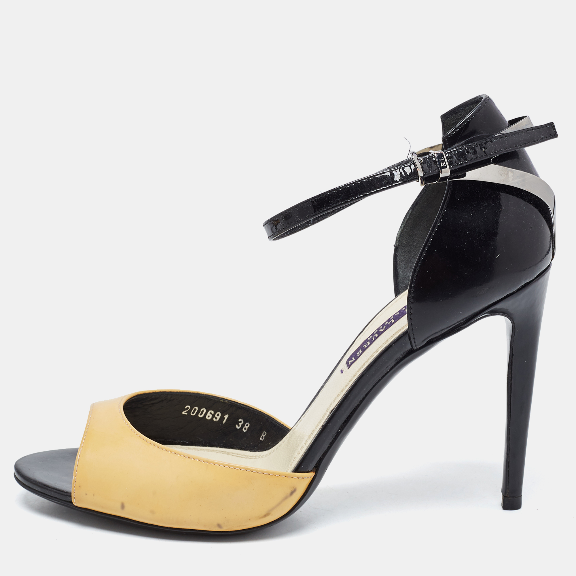 Ralph Lauren Collection Black/yellow Patent Leather Peep Toe Sandals Size 38, Sandals - Luxury Closet