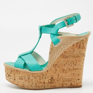 Ralph Lauren Turquoise Leather and Jute Cork Wedge Ankle Strap Sandals Size 37.5, Sandals - Luxury Closet