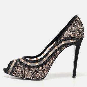 Ren&eacute; Caovilla Black Lace Pearls Embellished Platform Peep Toe Pumps Size 41, Pumps - Luxury Closet