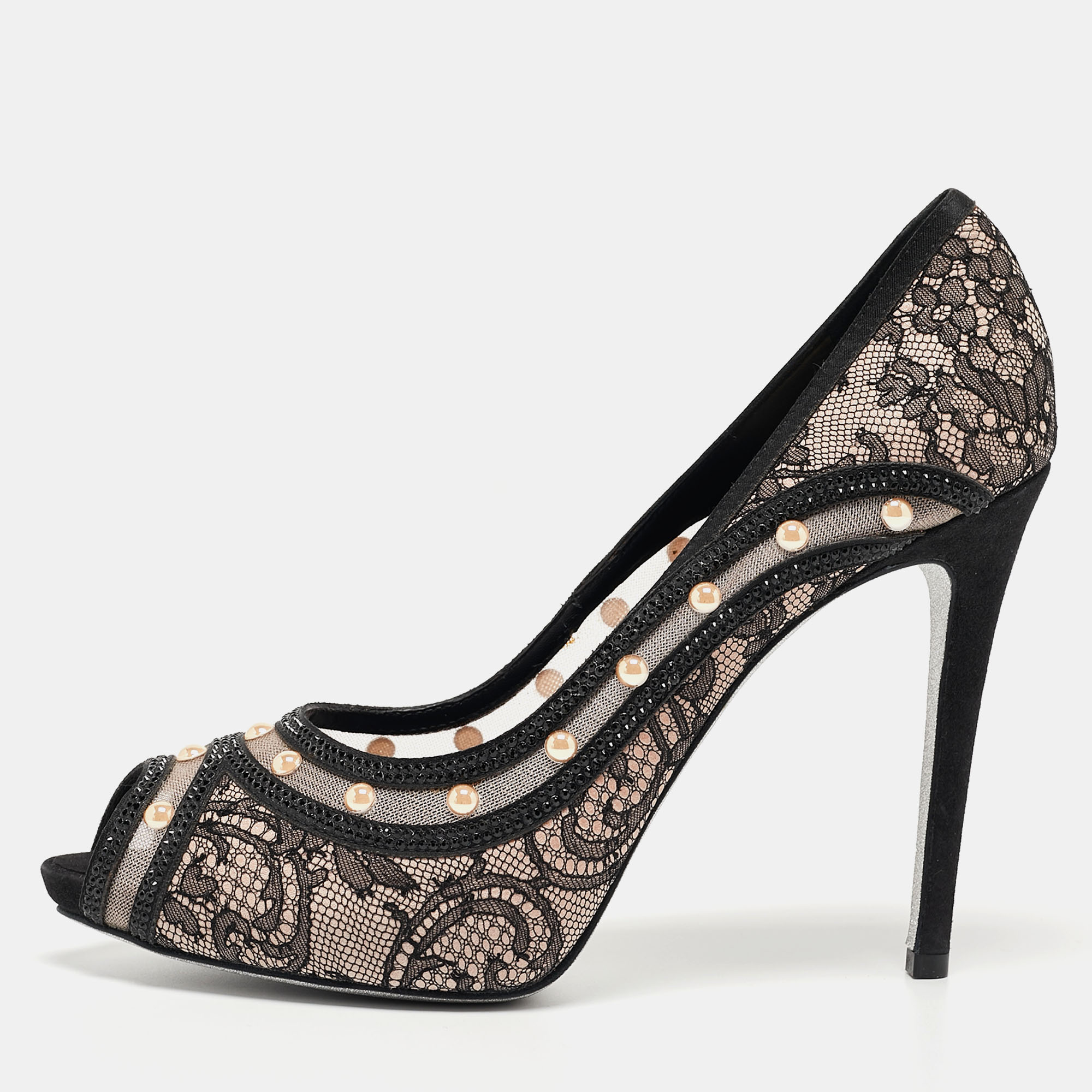 René Caovilla Black Lace Pearls Embellished Platform Peep Toe Pumps Size 41, Pumps - Luxury Closet