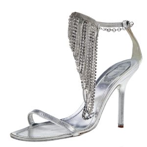 Ren&eacute; Caovilla Sliver Leather Embellished Ankle Strap Sandals Size 39, Sandals - Luxury Closet