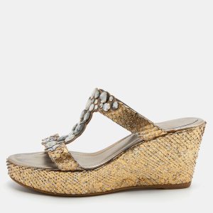 Ren&eacute; Caovilla Gold Snakeskin Crystal Embellished Wedge Sandals Size 39, Sandals - Luxury Closet