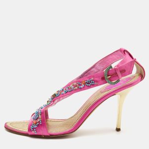 Ren&eacute; Caovilla Pink Satin Embellished Criss Cross Ankle Strap Sandals Size 38.5, Sandals - Luxury Closet