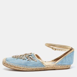 Ren&eacute; Caovilla Blue Denim and Leather Trim Crystal Embellished Ankle Wrap Espadrille Flats Size 41, Sandals - Luxury Closet