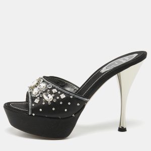 Ren&eacute; Caovilla Black Satin Embellished Slide Sandals Size 37.5, Sandals - Luxury Closet