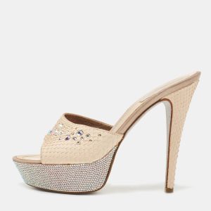 Ren&eacute; Caovilla Beige Python Crystal Embellishment Slide Sandals Size 38, Sandals - Luxury Closet