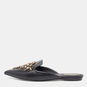 Rene Caovilla Black Leather Crystal Embellished Pointed Toe Flat Mules Size 39, Sandals - Luxury Closet