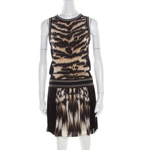 Roberto Cavalli Black and Brown Animal Printed Silk Pleated Sleeveless Dress S, Dresses - Luxury Closet catalog