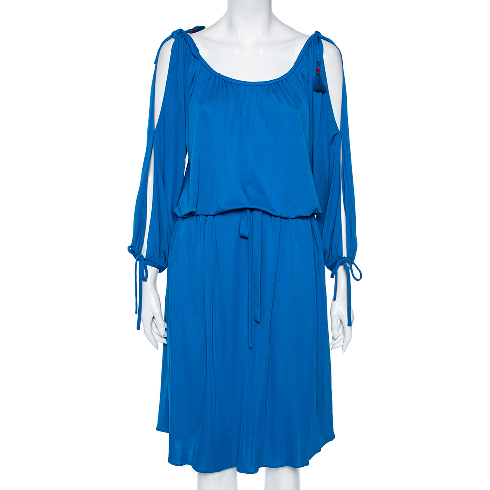 Roberto Cavalli Blue Jersey Cold Shoulder Tassel Tie Detailed Belted Dress M, Dresses - Luxury Closet