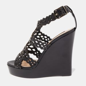 Roberto Cavalli Black Laser Cut Leather Ankle Strap Wedge Sandals Size 37, Sandals - Luxury Closet