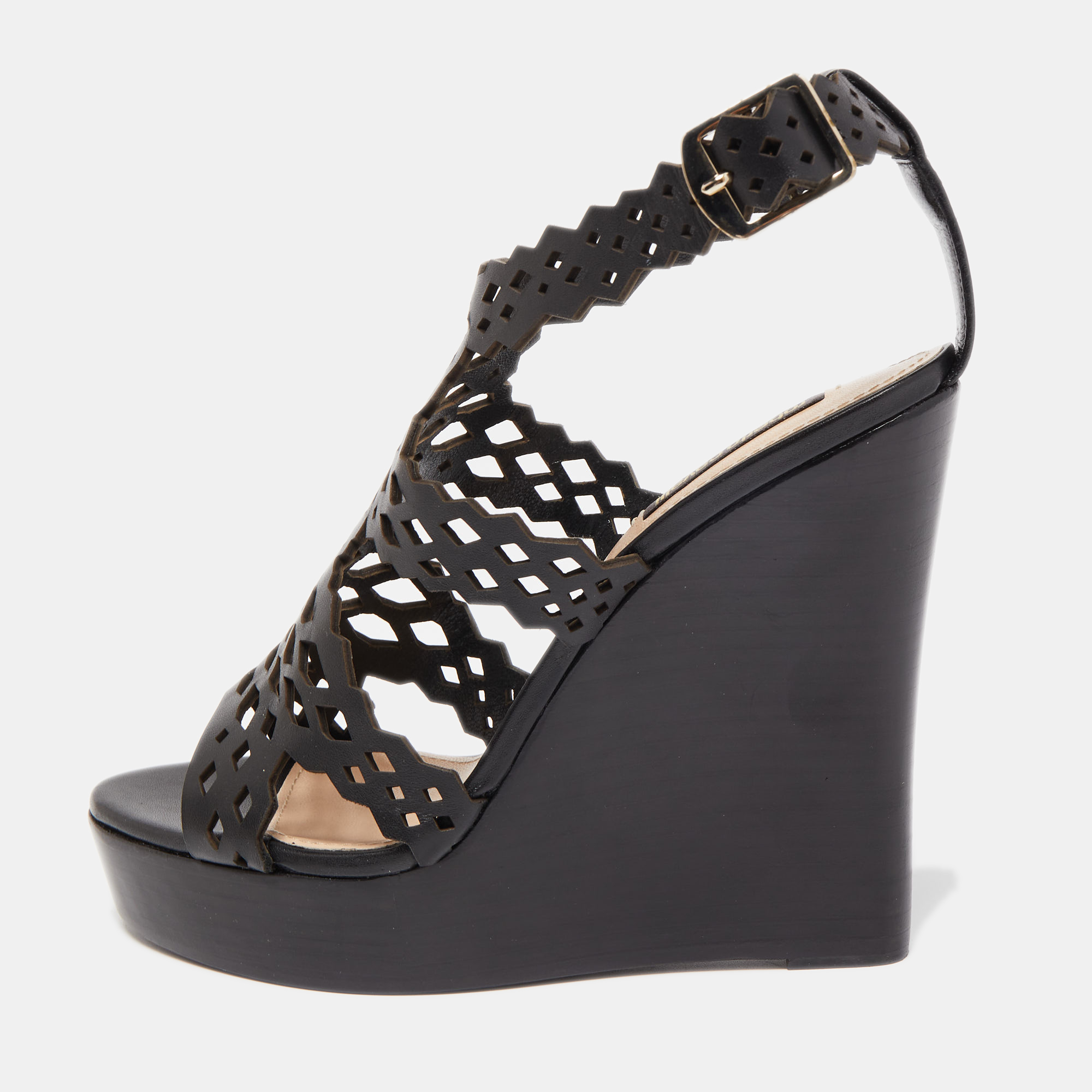 Roberto Cavalli Black Laser Cut Leather Ankle Strap Wedge Sandals Size 37, Sandals - Luxury Closet