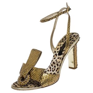 Roberto Cavalli Metallic Gold Python Leather Embellished Ankle Strap Sandals Size 38, Sandals - Luxury Closet