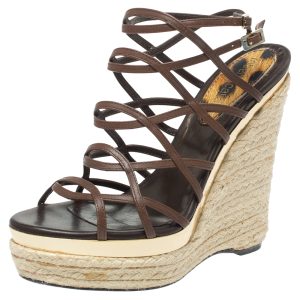 Roberto Cavalli Brown Leather Wedge Platform Espadrille Strappy Sandals Size 35, Sandals - Luxury Closet