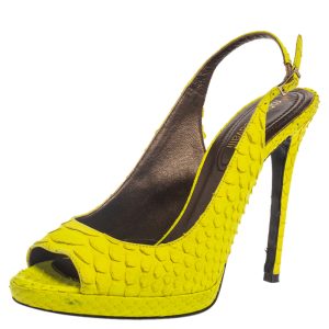 Roberto Cavalli Neon Green Python Peep Toe Slingback Sandals Size 38, Sandals - Luxury Closet