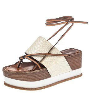 Roberto Cavalli Cream Python Wedge Platform Ankle Wrap Sandals Size 38.5, Sandals - Luxury Closet