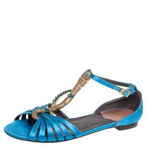 Roberto Cavalli Blue Satin Embellished Flat Sandals Size 38, Sandals - Luxury Closet