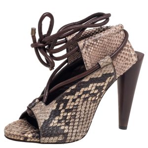 Roberto Cavalli Brown/Beige Python Leather Open Toe Ankle-Tie Sandals Size 38, Sandals - Luxury Closet