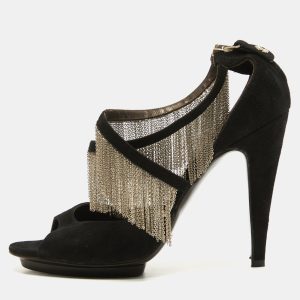 Roberto Cavalli Black Suede Chain Embellished Ankle Strap Sandals Size 37, Sandals - Luxury Closet