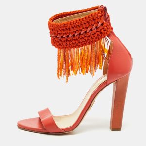 Roberto Cavalli Orange Leather and Woven Fabric Fringes Ankle Strap Sandals Size 40, Sandals - Luxury Closet