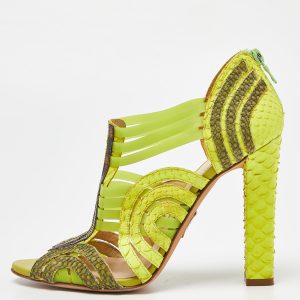 Roberto Cavalli Green Watersnake Leather and Jelly Cage Open Toe Sandals Size 38.5, Sandals - Luxury Closet