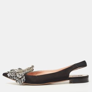 Rochas Black Satin Crystal Embellished Flat Slingback  Sandals Size 36, Sandals - Luxury Closet