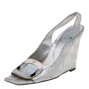 Roger Vivier Metallic Iridescent Python Wedge Slingback Sandals Size 37, Sandals - Luxury Closet
