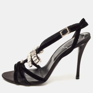 Roger Vivier Black Velvet Crystal Embellished Bow Sandals Size 37, Sandals - Luxury Closet