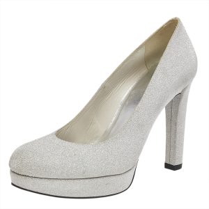 Stuart Weitzman Metallic Silver Glitter Platform Pumps Size 38.5, Pumps - Luxury Closet