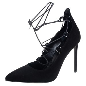 Saint Laurent  Black Suede Lace Up Pointed Toe  Pumps Size 37.5, Pumps - Luxury Closet catalog