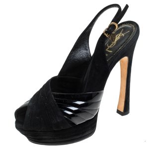 Saint Laurent Paris Black Criss Cross Suede and Patent Leather Slingback Platform Sandals Size 40, Sandals - Luxury Closet